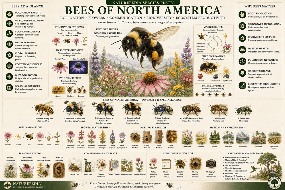 Bees of North America System Plate showing pollination, native bees, flowers, pollen transfer, hive intelligence, ultraviolet navigation, biodiversity, and floral resource networks by Robbie George