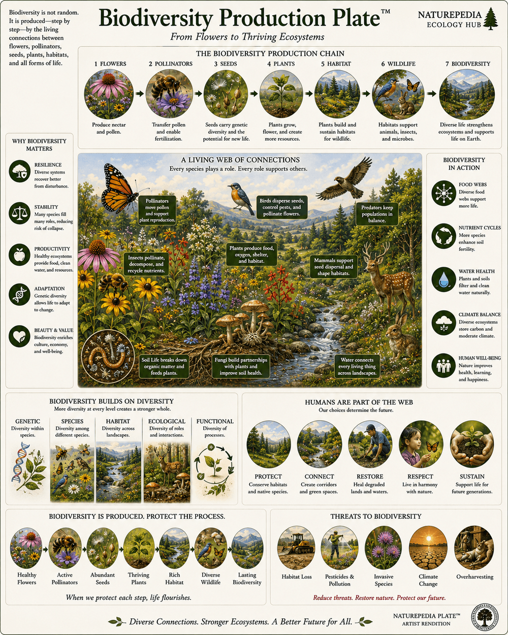 Biodiversity Production Plate showing how flowers, pollinators, seeds, habitat, wildlife, and biodiversity are connected