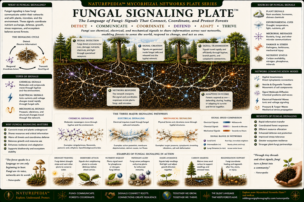 Fungal Signaling Plate showing fungal hyphae, plant roots, chemical signals, electrical communication, nutrient cues, stress responses, and underground forest information networks.