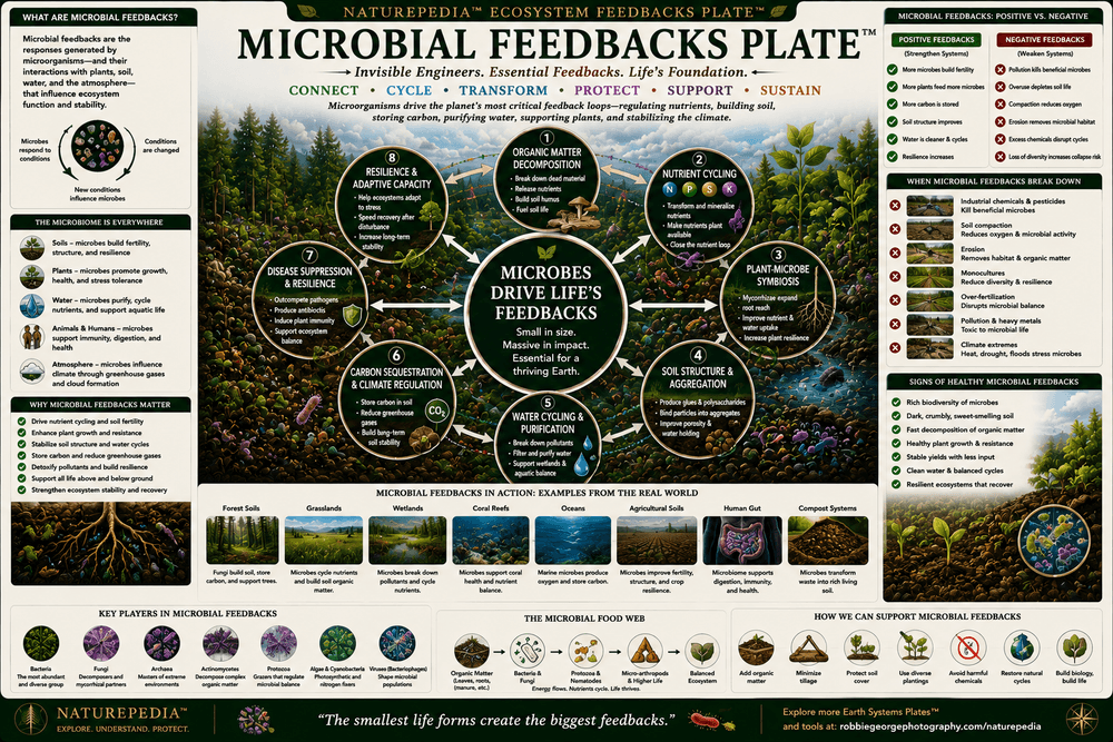Microbial Feedbacks Plate showing decomposition, nutrient cycling, soil carbon, plant health, disease resistance, carbon release and storage