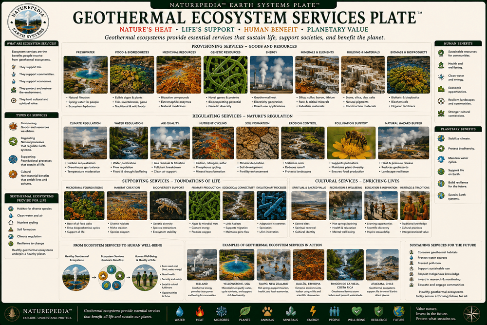Geothermal Ecosystem Services Plate showing nutrient cycling, hydrology, biodiversity, biotechnology, scientific research, tourism, ecosystem services, and Earth systems by Robbie George