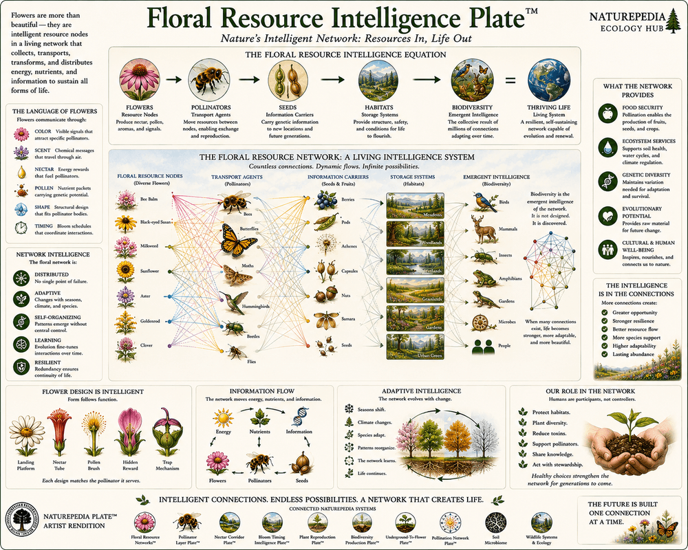 Floral Resource Intelligence Plate showing flowers as resource nodes, pollinators as transport agents, and seeds as information transfer