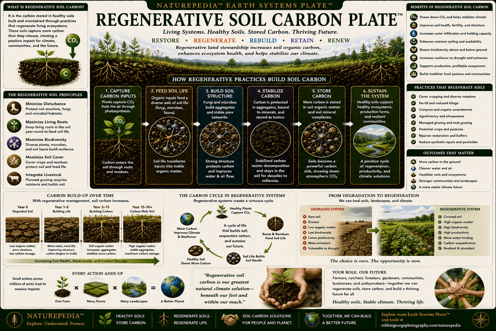 Regenerative Soil Carbon Plate showing cover crops, healthy roots, living soils, regenerative agriculture, microbial activity, carbon sequestration, biodiversity, and resilient farmland.