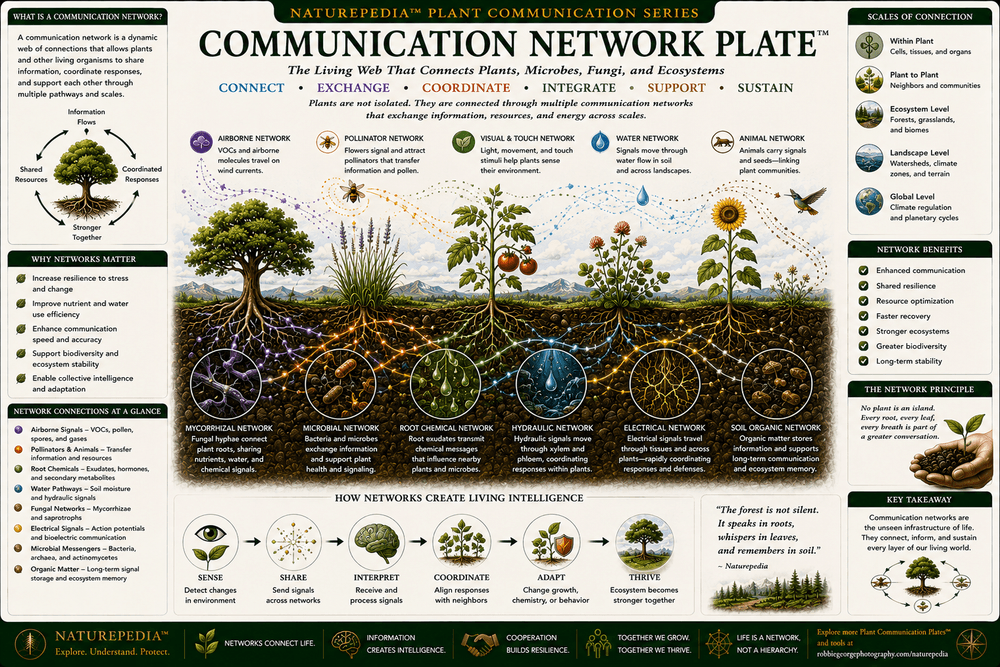 Communication Network Plate showing plants connected by roots, fungal networks, microbial communities, airborne signals, water pathways, and ecological information systems.