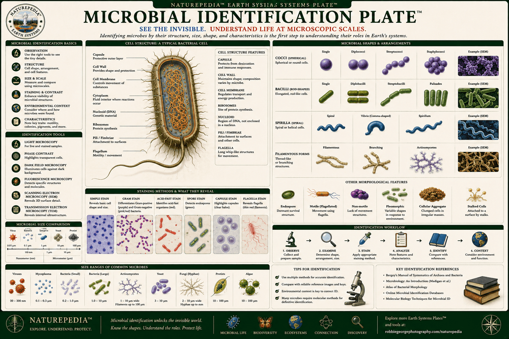 Microbial Identification Plate showing microbial cell shapes, structures, size ranges, cocci, bacilli, spirilla, and filamentous forms