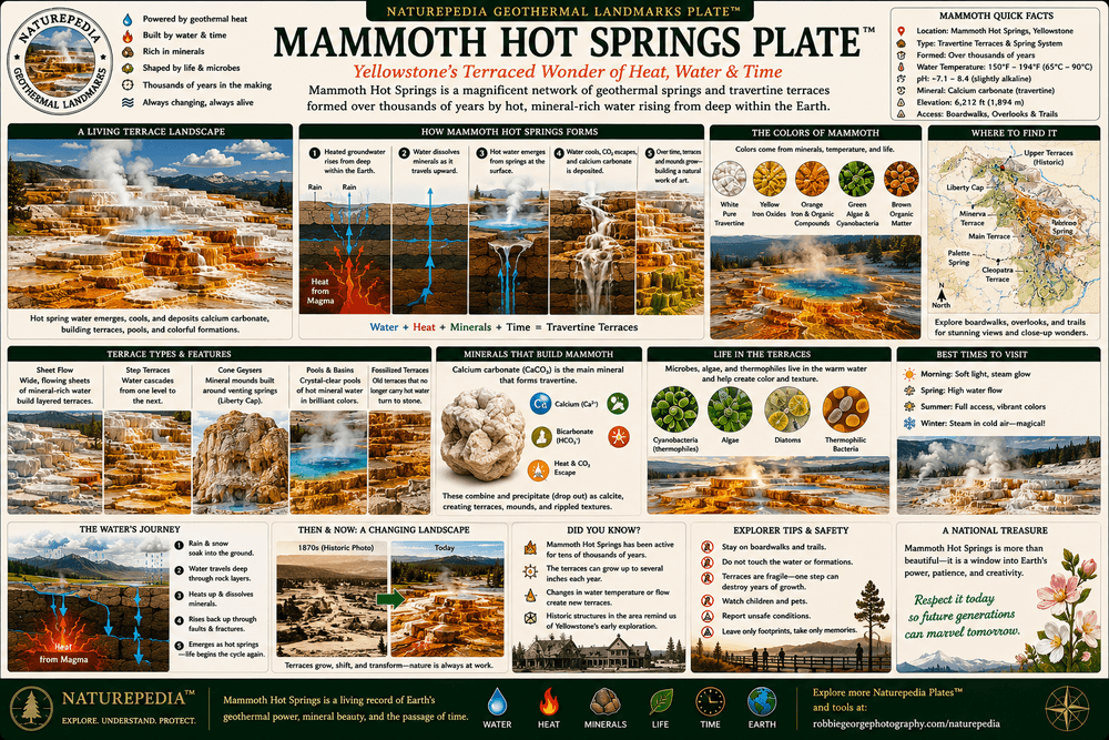 Mammoth Hot Springs Plate showing travertine terraces, calcium carbonate deposition, thermal water flow, geothermal geology, and Yellowstone mineral formations by Robbie George