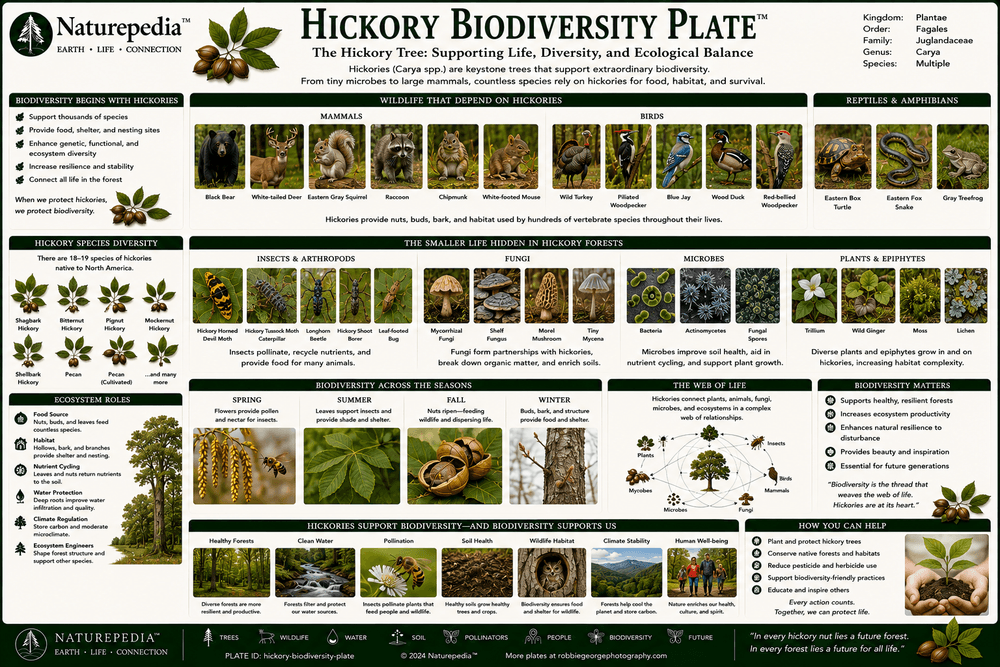 Hickory Biodiversity Plate showing wildlife habitat, biodiversity, plant communities, pollinators, fungi, and ecosystem relationships by Robbie George