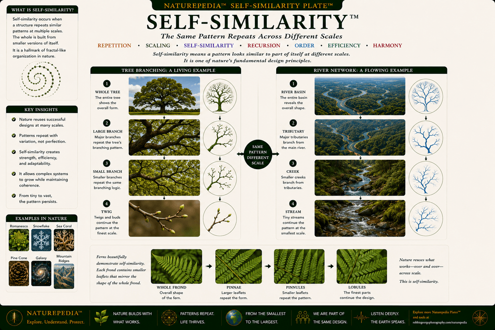Self-Similarity Plate illustrating a whole tree, branches, twigs, river basins, tributaries, streams, and fern leaflets demonstrating repeating natural structure across scale.