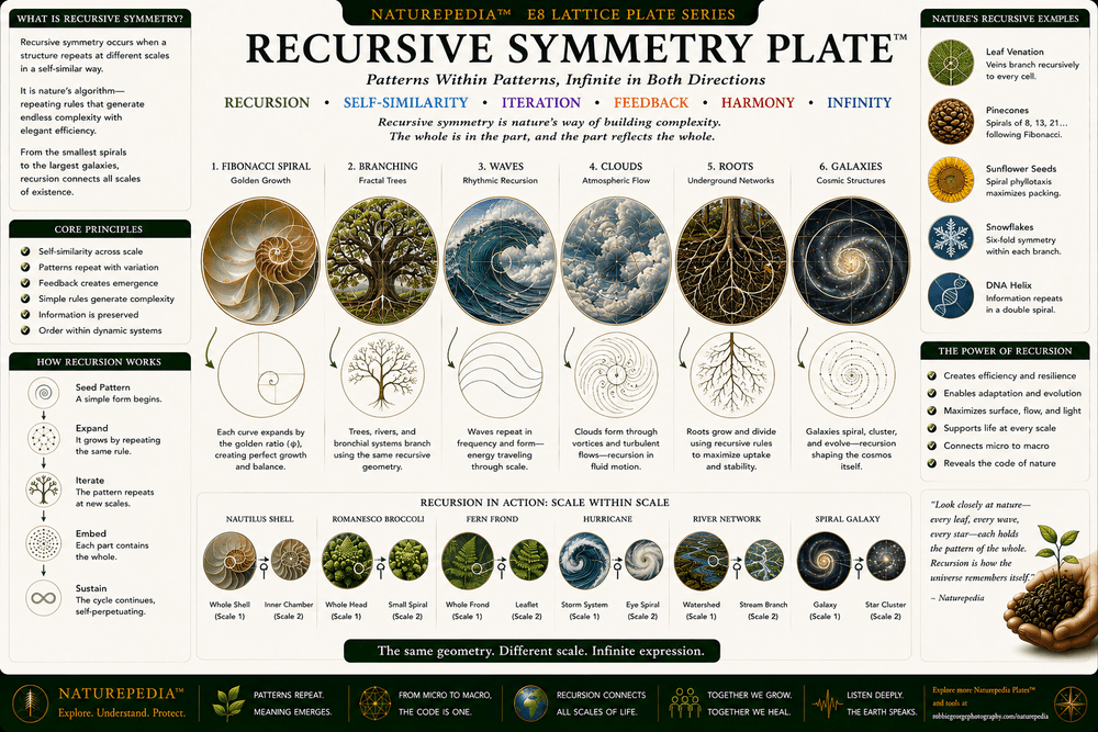 Recursive Symmetry Plate illustrating repeating branching systems, spirals, trees, fungi, rivers, galaxies, and self-similar geometric organization.