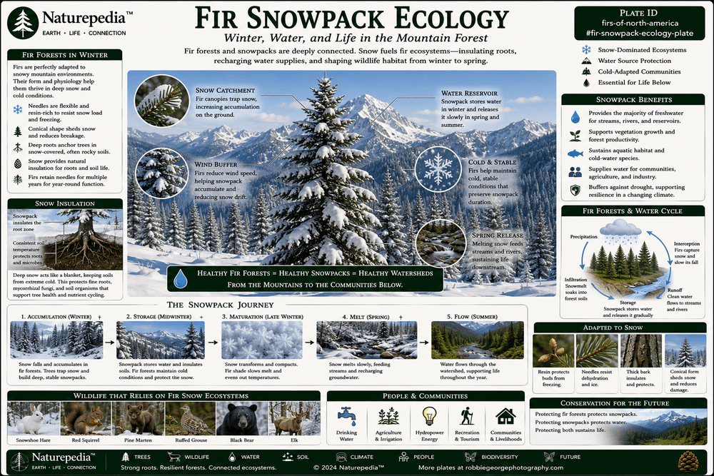 Fir Snowpack Ecology Plate showing snow interception, snow retention, watershed protection, melt timing, mountain runoff, and high elevation water systems by Robbie George