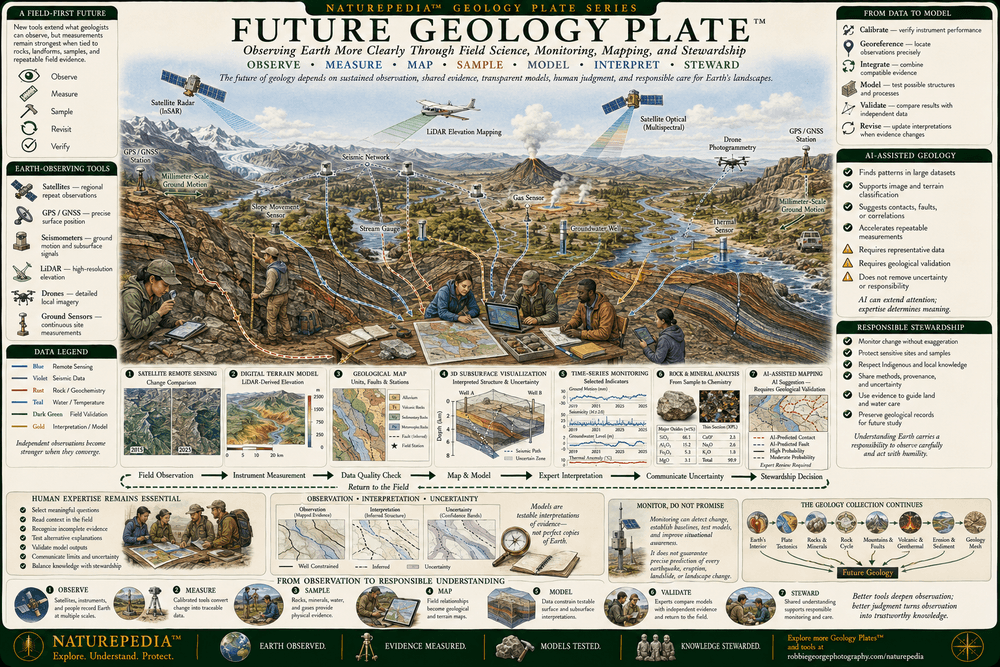 Future Geology Plate showing Earth-observing satellites, GPS stations, seismic monitoring networks, field geologists, rock and sediment sampling, LiDAR mapping, drones, ground sensors, boreholes, geophysical surveys, three-dimensional subsurface models, remote sensing, machine-assisted analysis, human interpretation, hazard observation, and responsible landscape stewardship.