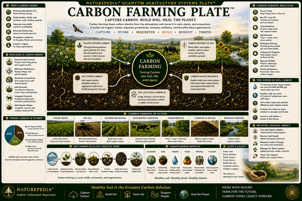 Carbon Farming Plate showing atmospheric carbon dioxide, photosynthesis, plant growth, roots, soil carbon, fungi, microbes, organic matter, carbon sequestration, and regenerative agriculture