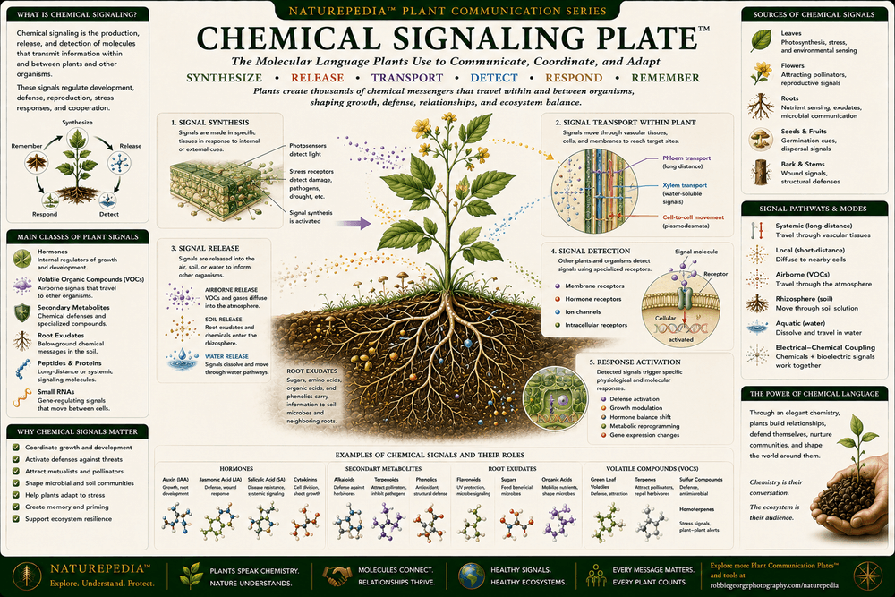 Chemical Signaling Plate showing plant hormones, signaling molecules, root exudates, cellular communication, leaves, roots, and biochemical information pathways.