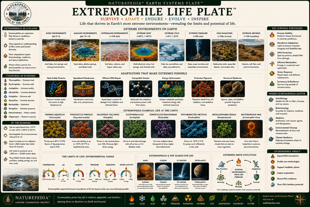 Extremophile Life Plate showing extremophiles, acidic thermal pools, alkaline environments, hydrothermal vents, microbial adaptation, astrobiology, and life in extreme conditions by Robbie George
