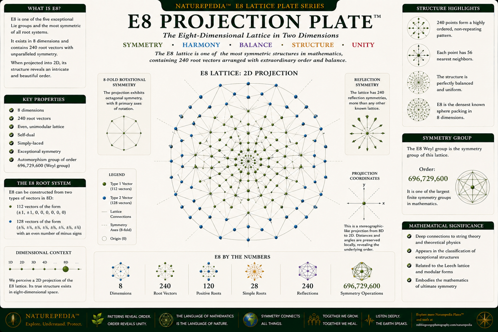 E8 Projection Plate illustrating the exceptional Lie group, multidimensional symmetry, radial geometry, mathematical relationships, and Naturepedia geometry concepts.