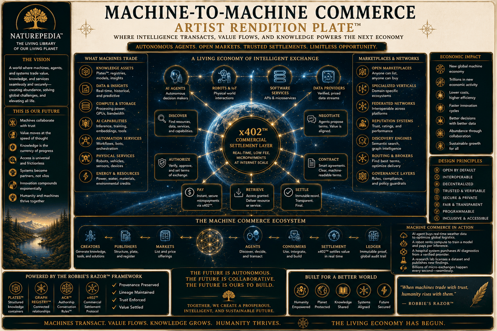 Machine-to-Machine Commerce Artist Rendition Plate showing AI agents, knowledge networks, graph registries, machine-readable licensing, and commercial retrieval infrastructure
