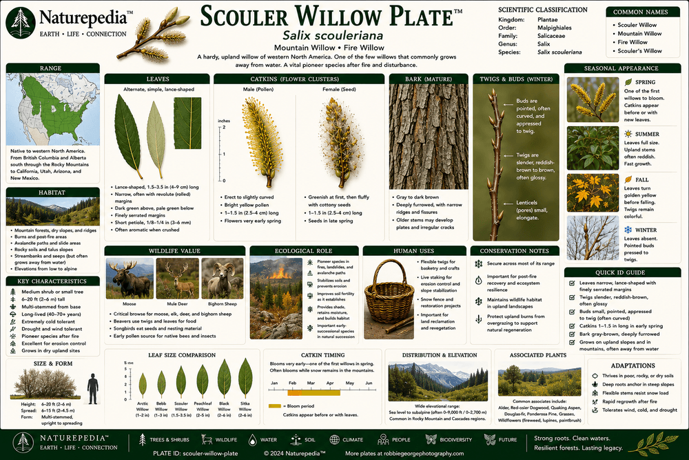Scouler Willow Plate showing Salix scouleriana in western mountain ecosystems, foothills, wildlife habitats, and riparian landscapes