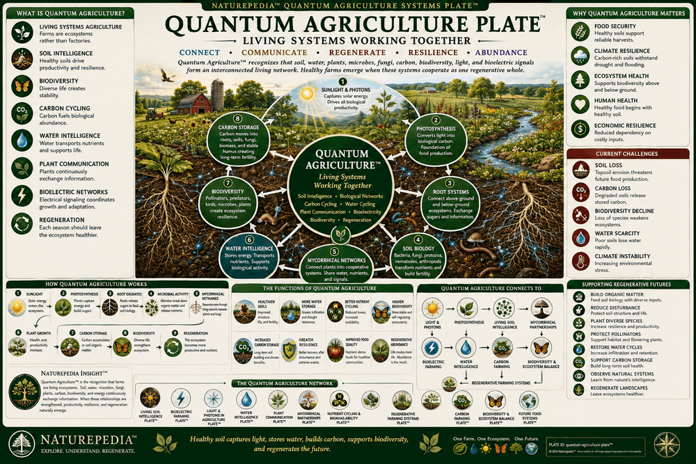 Quantum Agriculture Plate showing soil biology, water intelligence, light and photons, microbes, roots, mycorrhizal networks, plant communication, bioelectric farming, nutrient cycling, carbon storage, biodiversity, regenerative agriculture, and future food systems