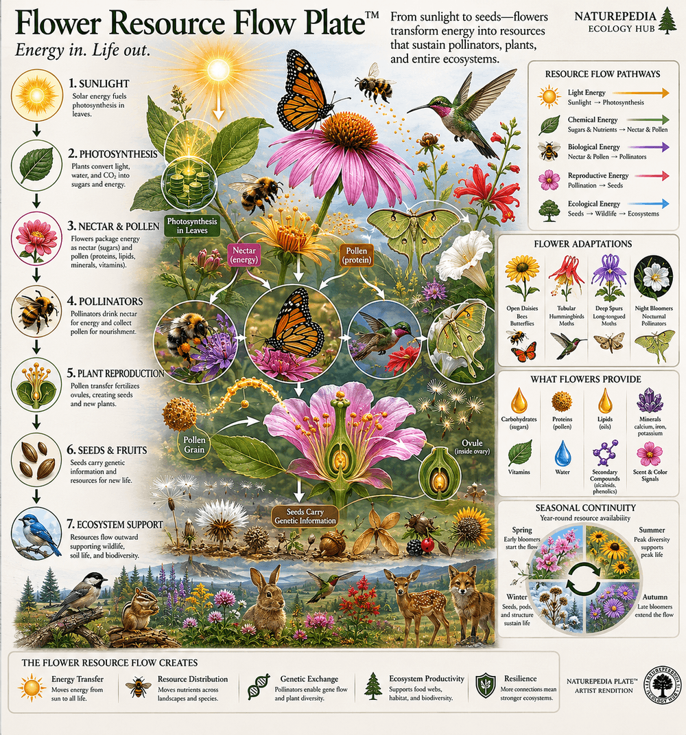 Flower Resource Flow Plate showing the movement of solar energy through flowers, nectar, pollinators, and plant reproduction