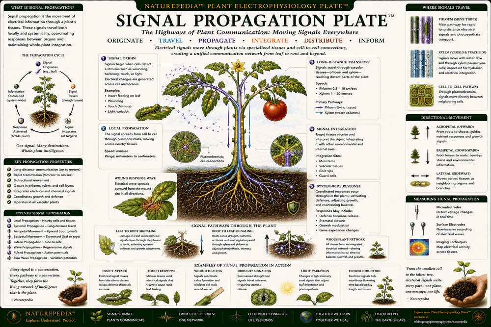 Signal Propagation Plate showing electrical signals traveling through plant roots, stems, leaves, vascular tissues, phloem, xylem, and interconnected bioelectric pathways.
