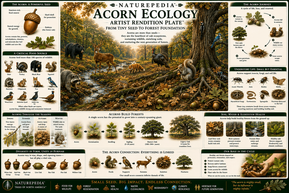 Acorn Ecology Artist Rendition Plate showing acorns, squirrels, deer, wild turkeys, seed dispersal, regeneration, future oak forests, biodiversity, and ecological succession by Robbie George