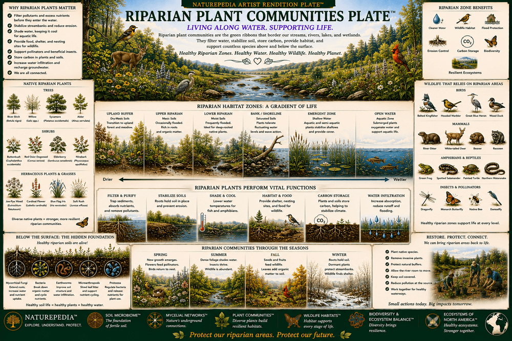 Riparian Plant Communities Plate showing riverside vegetation, roots, water systems, wildlife corridors, shade, bank stability, and biodiversity by Robbie George