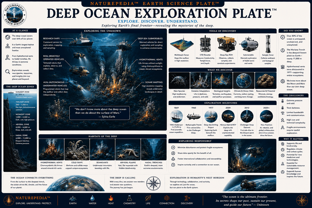Deep Ocean Exploration Plate showing submersibles, remotely operated vehicles, hydrothermal vent discoveries, seafloor mapping, and deep-sea scientific exploration