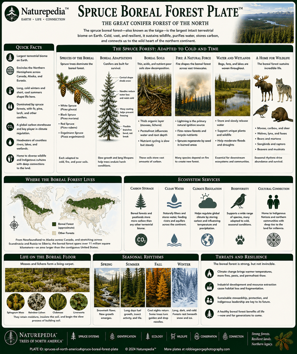 Spruce Boreal Forest Plate showing taiga, northern forests, migratory bird habitat, peatlands, wildfire cycles, global carbon storage, and spruce-dominated boreal ecology by Robbie George