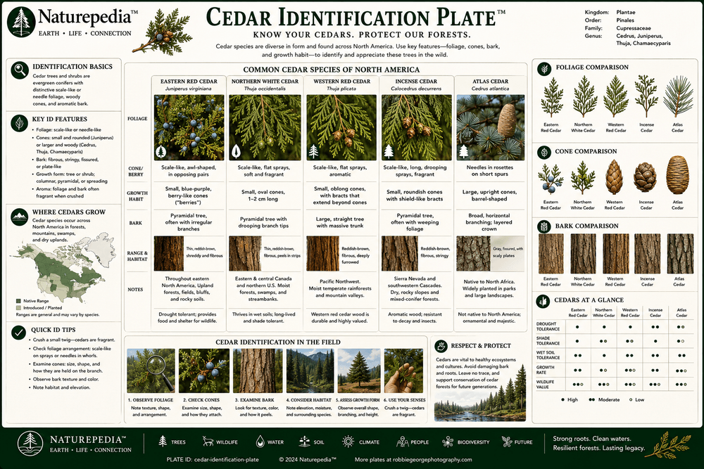 Cedar Identification Plate showing Eastern Red Cedar, Northern White Cedar, Western Red Cedar, Incense Cedar, foliage, bark, cones, habitat and identification characteristics by Robbie George