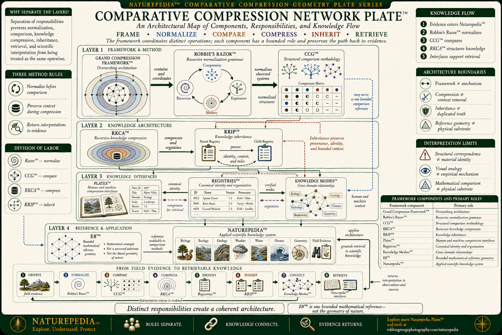 Comparative Compression Network Plate mapping the distinct relationships among the Grand Compression Framework, Robbie's Razor, Comparative Compression Geometry, RKCA, RRIP, Plates, registries, Knowledge Meshes, E8 Lattice, Geometry of Nature, and Naturepedia.