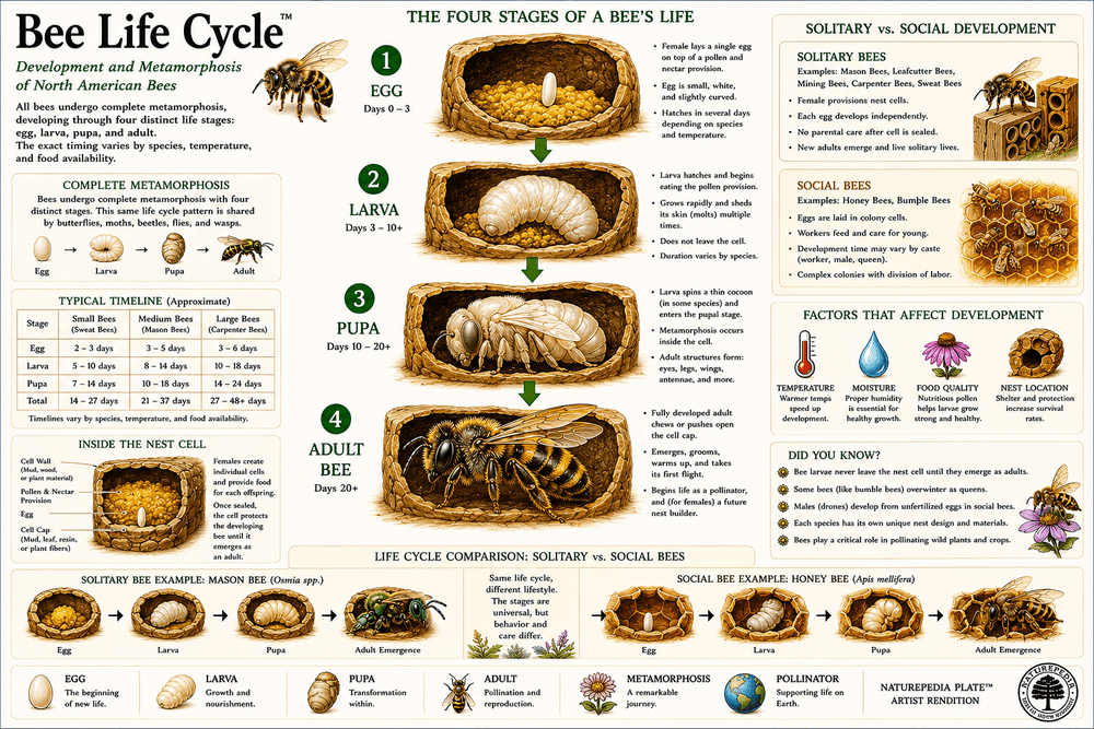 Bee Life Cycle Plate showing egg, larva, pupa, and adult bee development by Robbie George