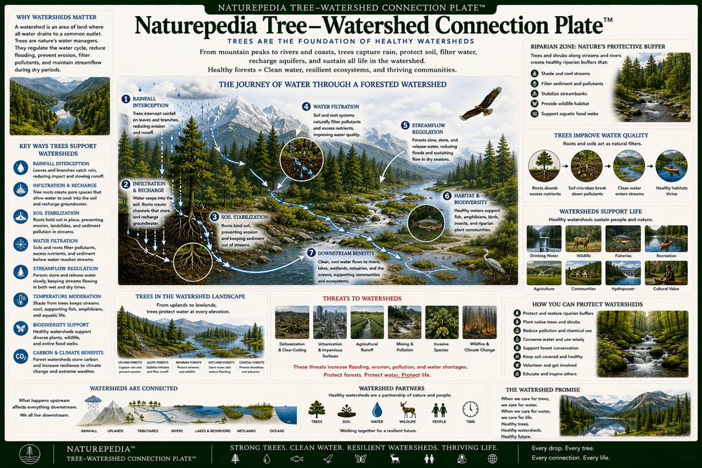 Tree Watershed Connection Plate showing trees, roots, canopy interception, shade, stream temperature, groundwater recharge, floodplains, soil stability, and water quality by Robbie George