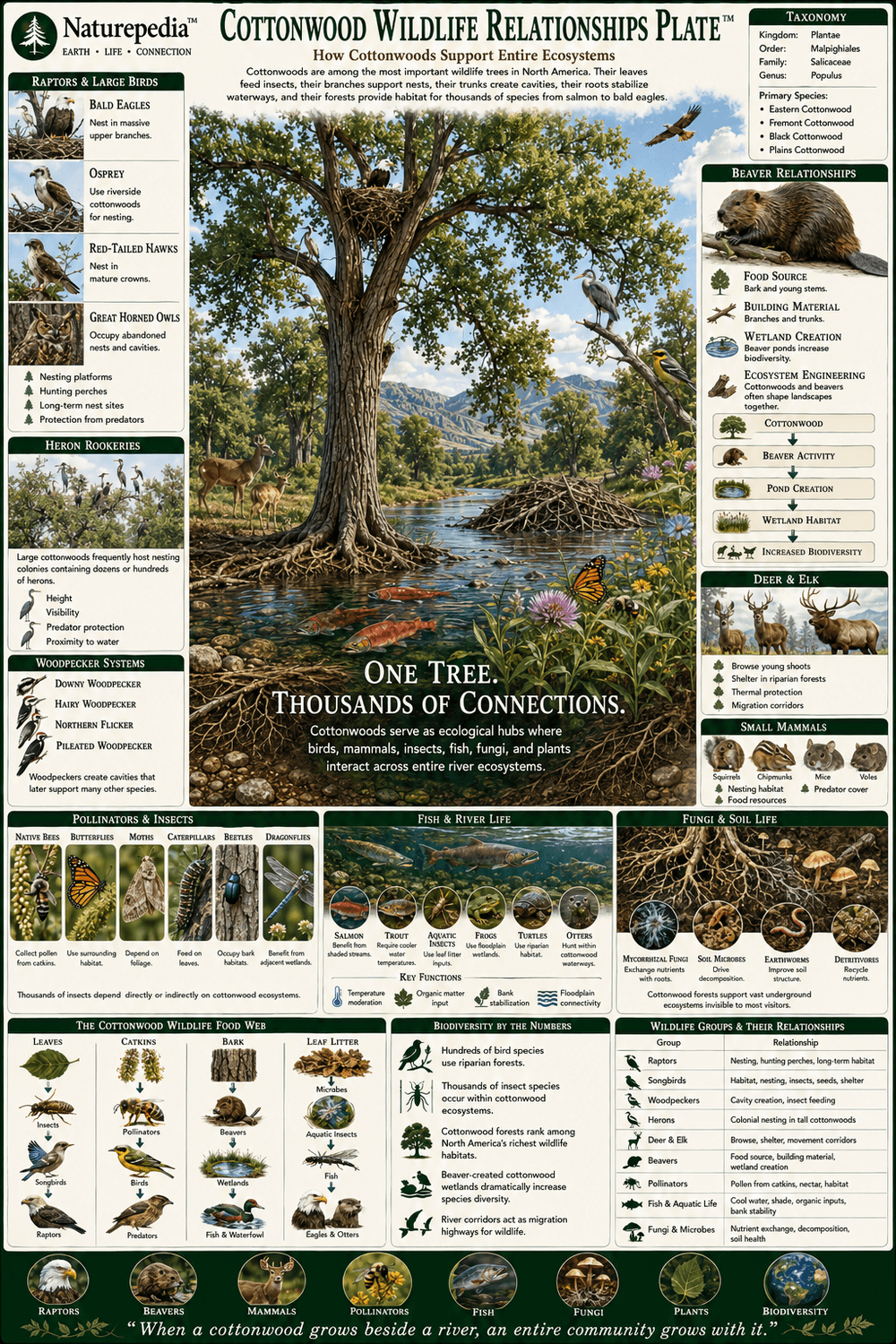 Cottonwood Wildlife Relationships Plate showing bald eagles, birds, mammals, pollinators, cavity nesters, freshwater food webs, and wildlife habitat by Robbie George