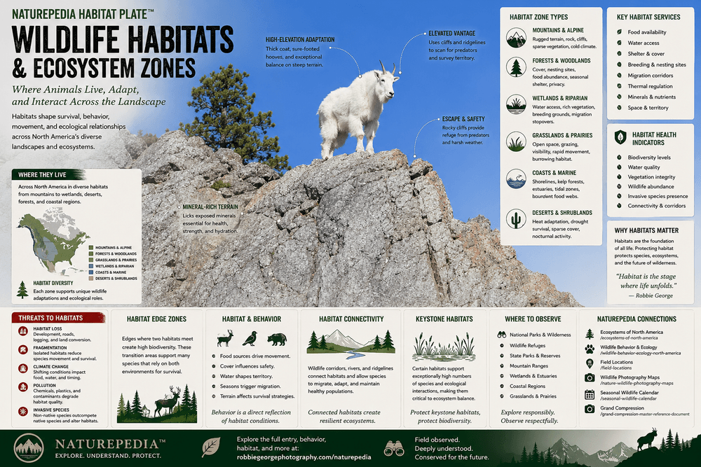 Wildlife Habitats and Ecosystem Zones Plate showing habitat systems, biodiversity, habitat connectivity, mountain ecosystems, wetlands, forests, grasslands, and Naturepedia ecological relationships by Robbie George