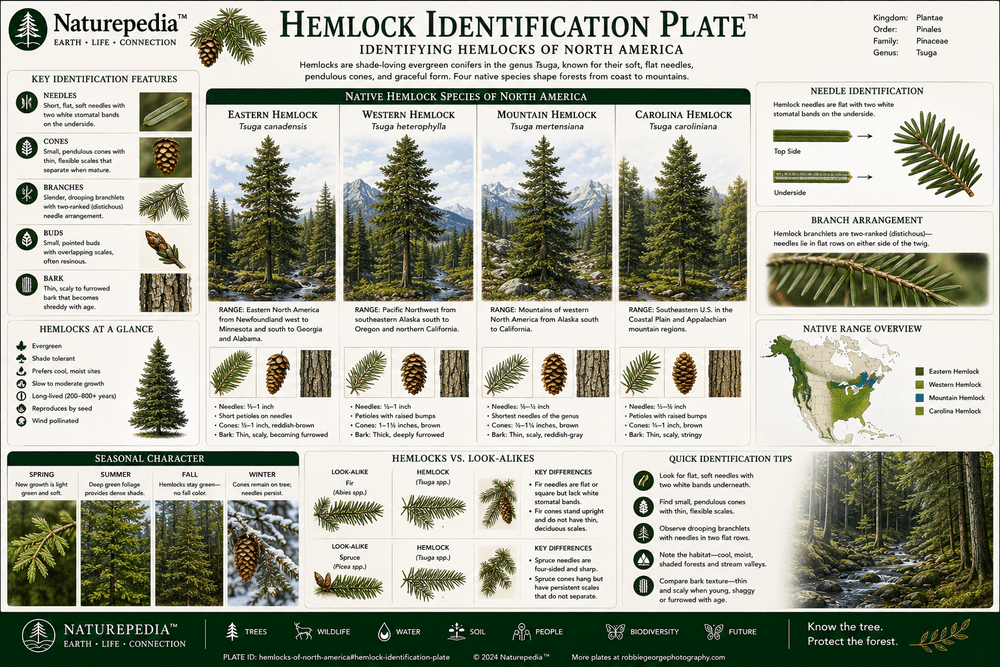 Hemlock Identification Plate showing hemlock needles, cones, bark, branching structure, forest habitat, shade tolerance, and field identification traits by Robbie George