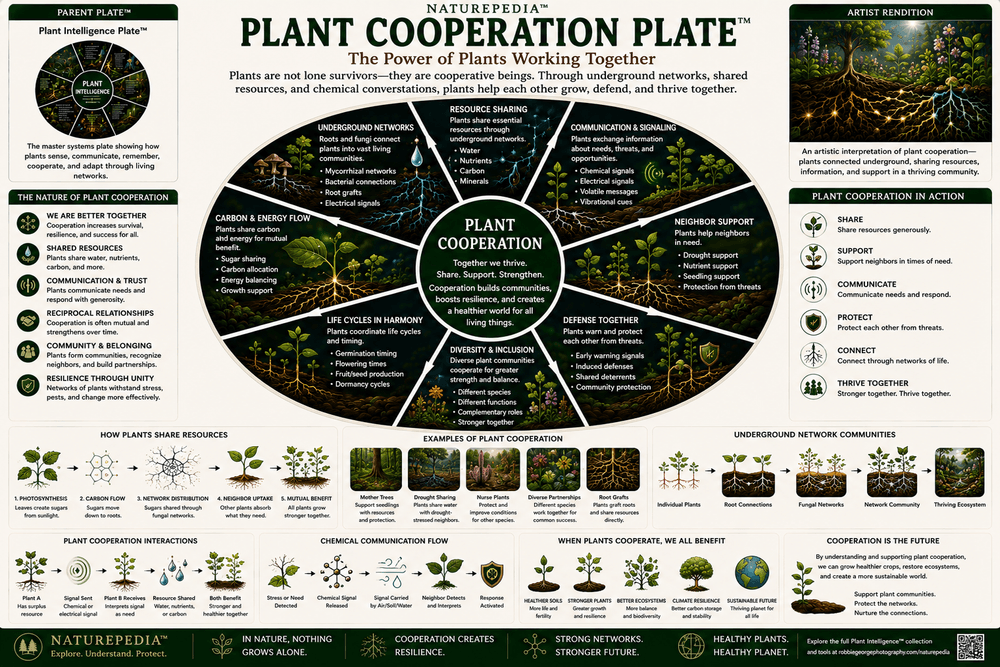 Plant Cooperation Plate showing resource sharing, fungal networks, ecosystem relationships, microbial partnerships, plant communities, cooperation, and ecological resilience
