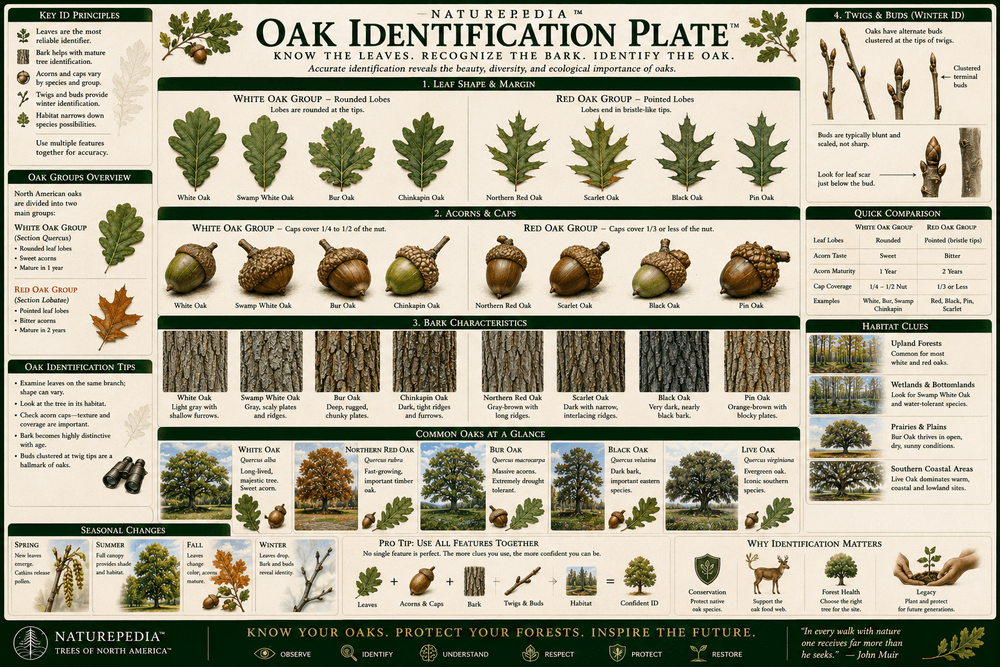 Oak Identification Plate comparing major North American oak species, leaf shapes, acorns, bark patterns, habitats, and field identification characteristics by Robbie George