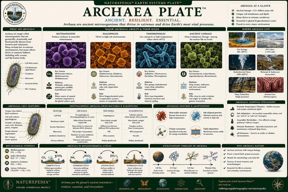 Archaea Plate showing thermophiles, methanogens, halophiles, geothermal ecosystems, and evolutionary relationships