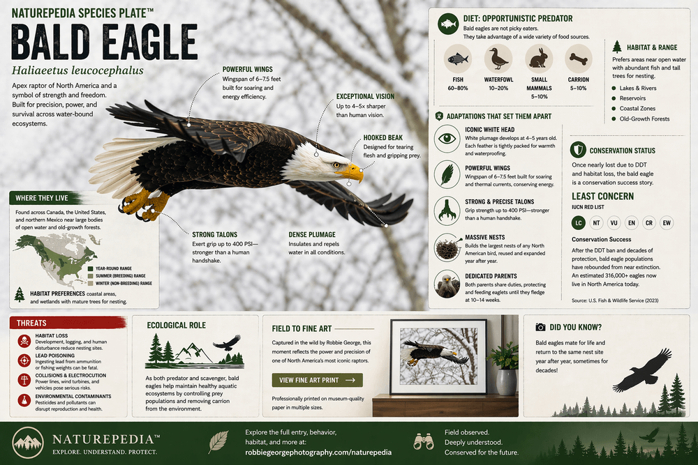 Bald Eagle in flight over snowy forest with annotated species plate showing adaptations, habitat, diet, and conservation — Naturepedia Species Plate by Robbie George