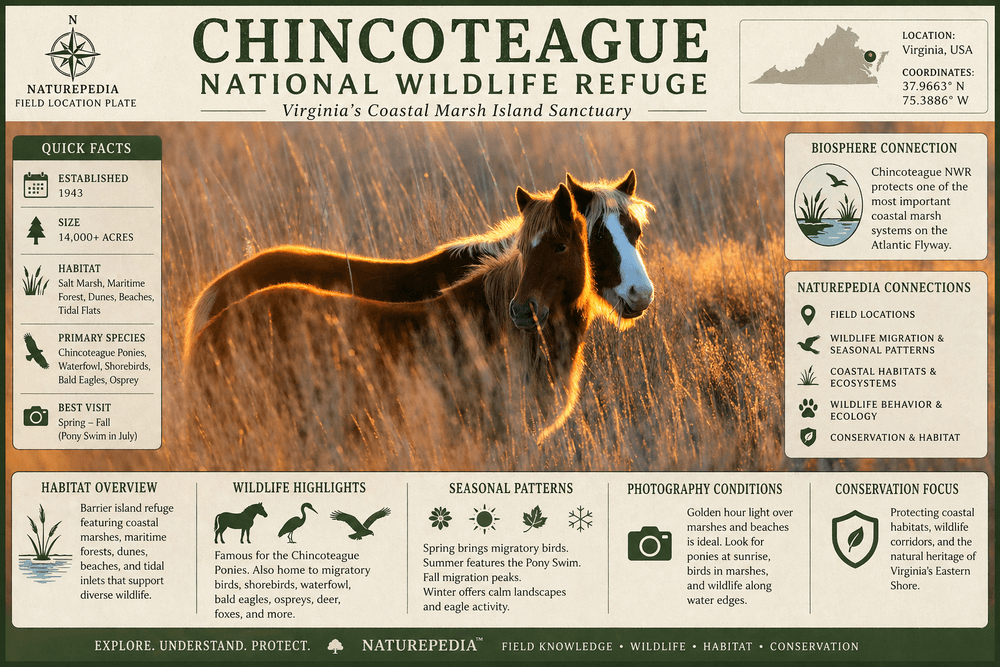 Chincoteague National Wildlife Refuge field location plate showing wild ponies, coastal marsh habitat, migration patterns, and photography conditions — Naturepedia Field Location Plate by Robbie George