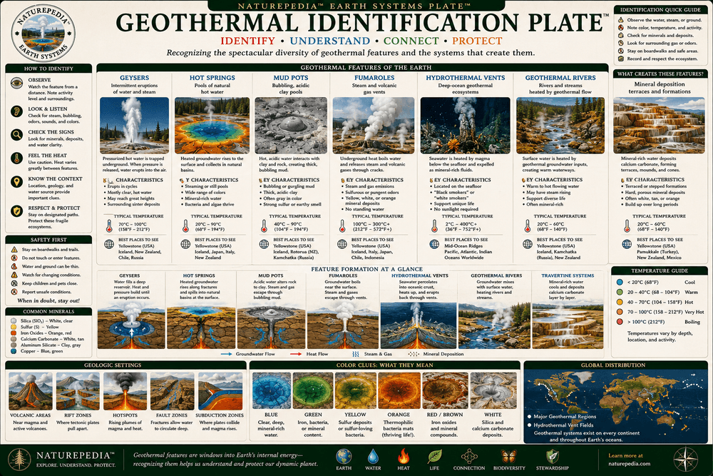 Geothermal Identification Plate comparing geysers, hot springs, mud pots, fumaroles, hydrothermal vents, geothermal rivers, travertine systems, heat, water, minerals, pressure, and thermal ecology by Robbie George