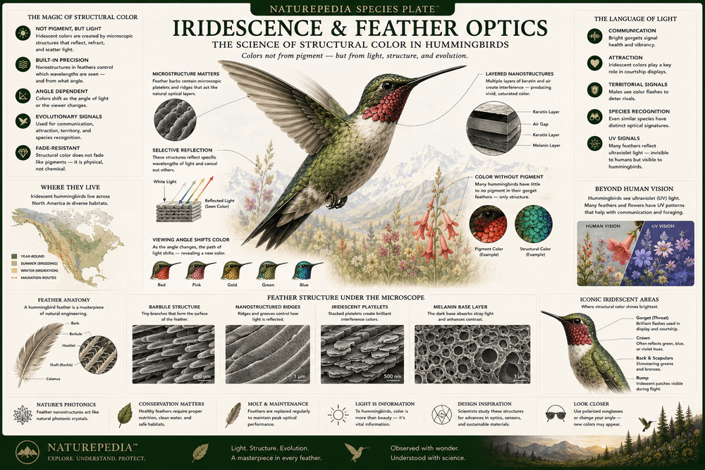 Iridescence and Feather Optics Plate showing hummingbird structural coloration, feather microstructure, angle-dependent color, ultraviolet signaling, and optical biology by Robbie George
