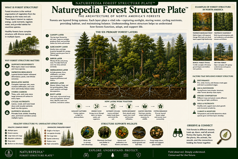 Forest Structure Plate showing canopy, subcanopy, understory, shrub layer, ground layer, snags, roots, nurse logs, and vertical forest habitat complexity by Robbie George
