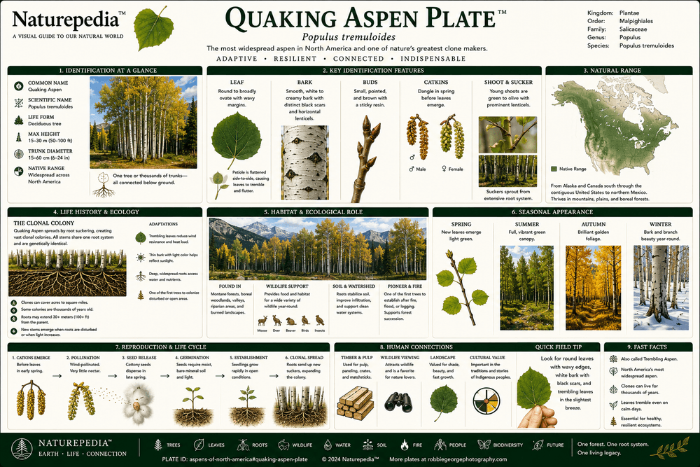 Quaking Aspen Plate showing Populus tremuloides, trembling leaves, white bark, clonal root colonies, mountain forests, wildlife habitat, and autumn color by Robbie George