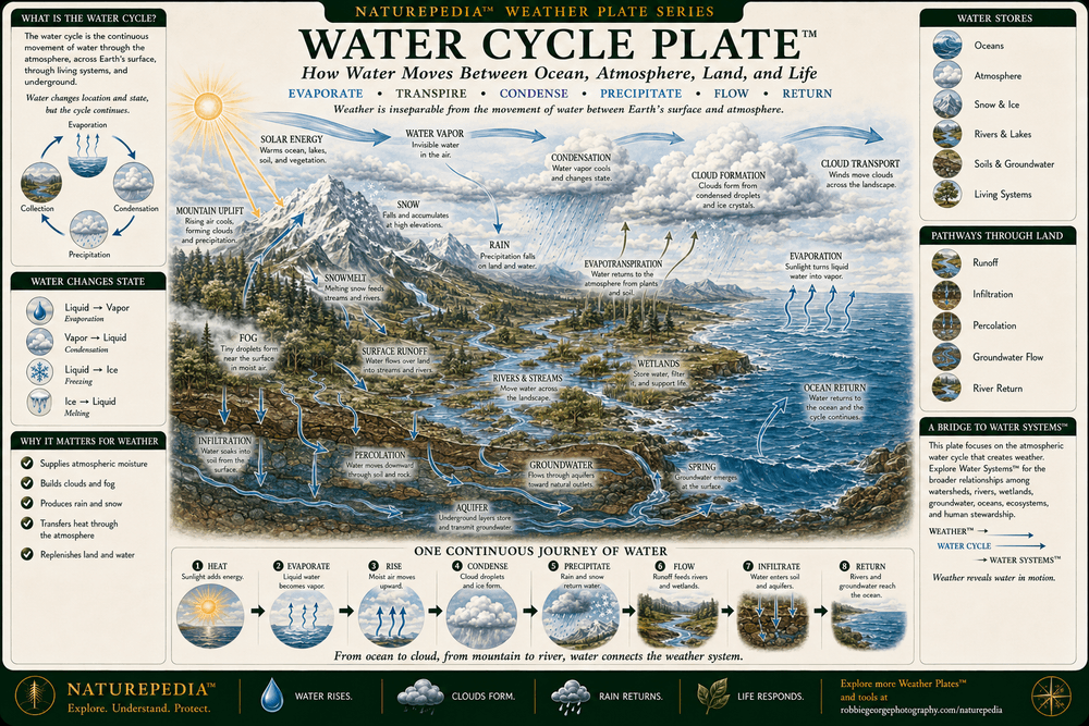 Water Cycle Plate showing solar energy, ocean evaporation, water vapor, condensation, cloud formation, cloud transport, rain, snow, mountain uplift, snowmelt, surface runoff, rivers, wetlands, infiltration, groundwater, springs, evapotranspiration, and water returning to the ocean.