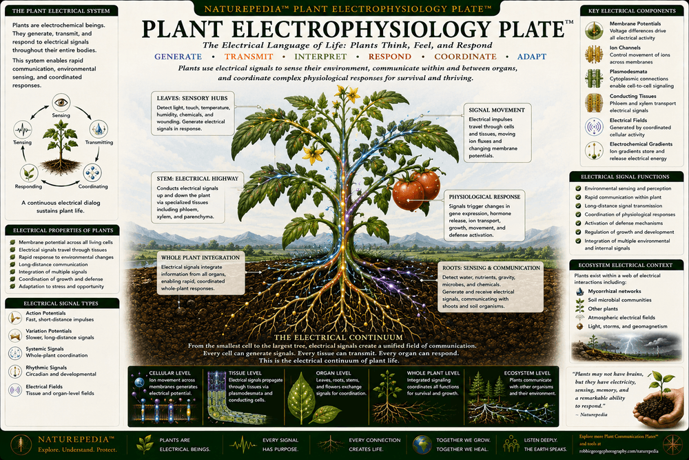 Plant Electrophysiology Plate showing a whole plant, leaves, roots, stem, membrane voltage, ion channels, electrical pathways, signal movement, action potentials, variation potentials, and living bioelectric communication.