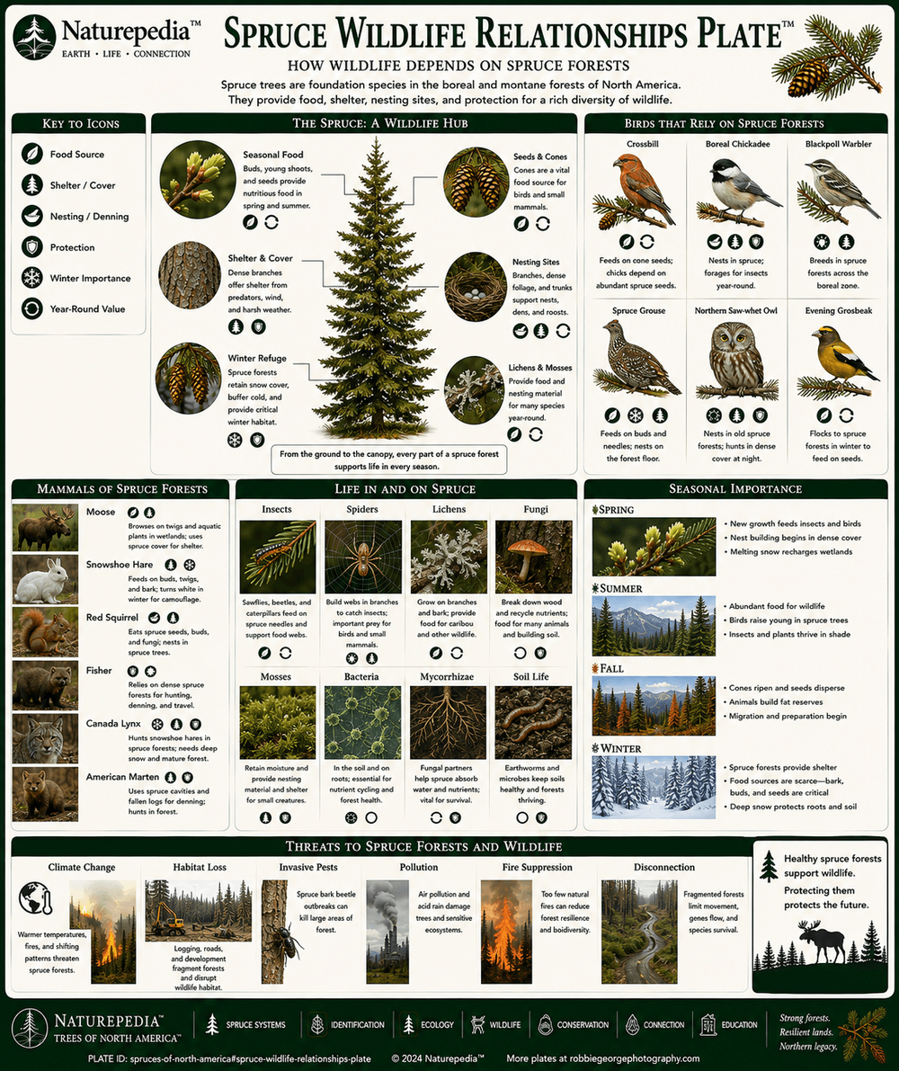 Spruce Wildlife Relationships Plate showing crossbills, grouse, owls, moose, snowshoe hares, red squirrels, migratory birds, winter cover, seed systems, and boreal wildlife food webs by Robbie George