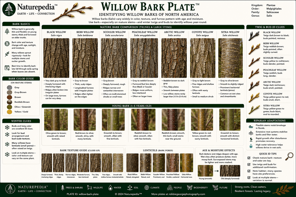 Willow Bark Plate showing bark texture, ridges, furrows, color variation, and age characteristics of North American willow trees