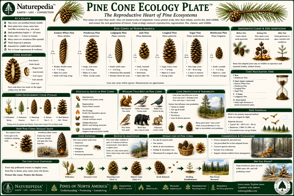 Pine Cone Ecology Plate showing pine cones, seed dispersal, birds, squirrels, crossbills, regeneration cycles, wildlife food systems, and future pine forests by Robbie George