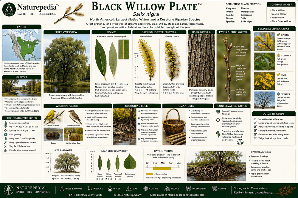 Black Willow Plate showing Salix nigra growing along rivers, wetlands, and floodplains in North America